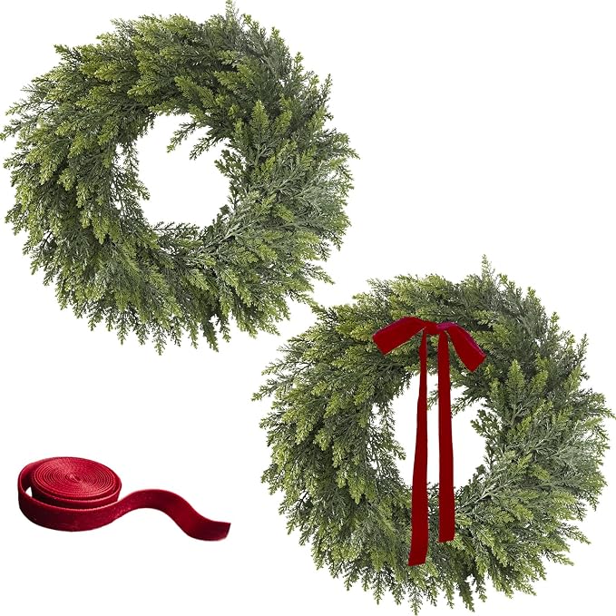 2Pcs 24″ Christmas Cedar Wreaths for Front Door