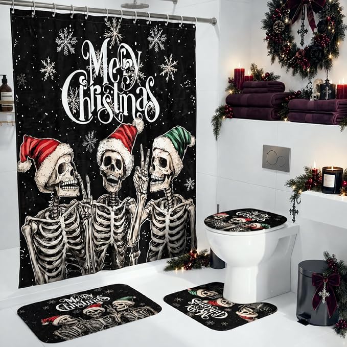 Irenare 4 Pcs Goth Christmas Shower Curtain Set for Bathroom - skull toilet rug