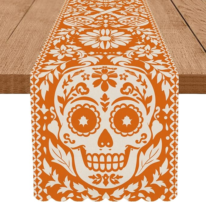Dia de Los Muertos Table Runner Day of the Dead Sugar Mexican Skull Orange Table Decoration for Holiday Party Kitchen Dining Indoor Tabletop Decor 13x72 Inch - skull floor mat