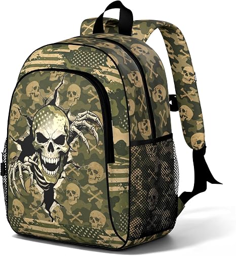 Camo Skull Kids Backpack for Boys Teens Elementary Middle School Bookbag Lightweight Travel Back Pack Suitable for 6-18 Kid - skull backpack