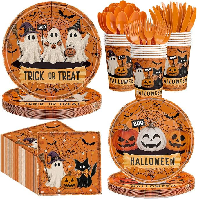168 Pcs Halloween Plates and Napkins Set- Disposable Ghost Pumkin Helloween Tableware, including Paper Cups Plates Napkins Forks for Happy Halloween Party Table Decorations Supplies, Serve 24 - skull plate
