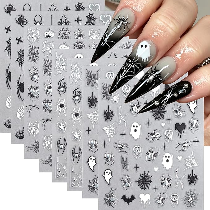 8 Sheets Halloween Cute Ghost Nail Stickers for Nail Art Self Adhesive Nail Decals with Spider Web Spooky Spider Skull Nails Art Stickers Gothic Manicure Supplies Decoration for Women Holiday Nail DIY - skull sticker