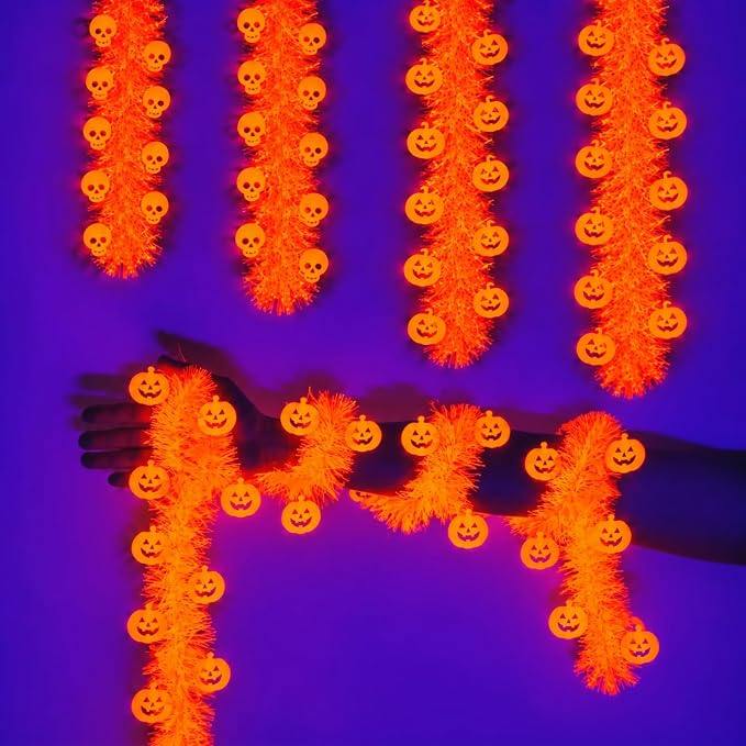 10Pcs 65.6ft UV Neon Halloween Garland,Tinsel Garland with Pumpkin - string light