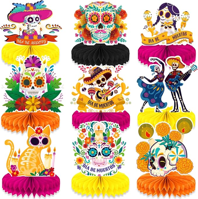 Day of The Dead Decorations 9 Pcs Dia De Los Muertos Honeycomb Table Decor - skull sticker