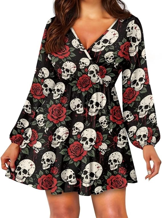 Women's V Neck Long Sleeve Flowy Dress - Casual Empire Waist Mini Holiday Outfits Swing Skater - sugar skull dress