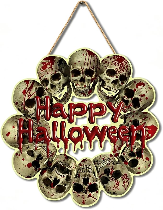 Bloody Skull Halloween Door Hanger Hanging Plaque, Happy Halloween Blood Wooden Sign, Creepy Skull Door Wreath Front Door Signs for Haunted House Front Porch Party Decoration - skull wreath