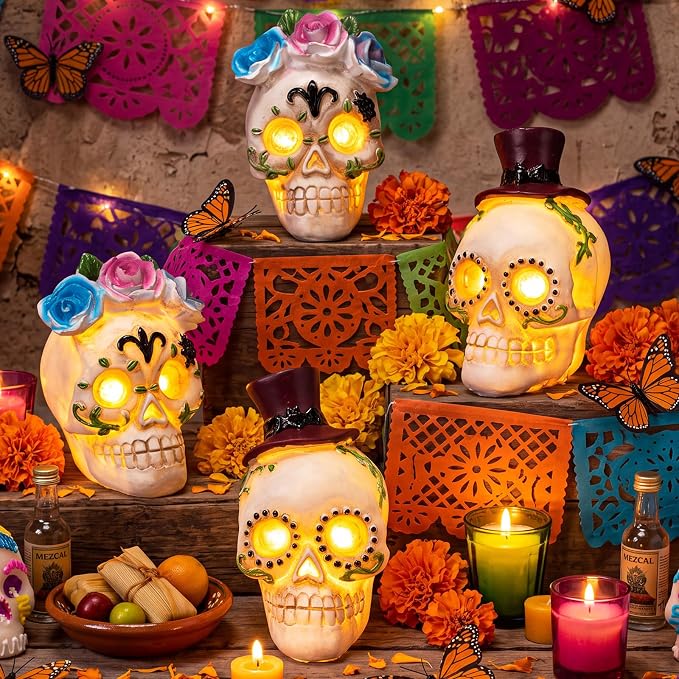 Novabright Pcs Día De Los Muertos Sugar Skull, Day of The Dead Figurine, 4 - skull figurine