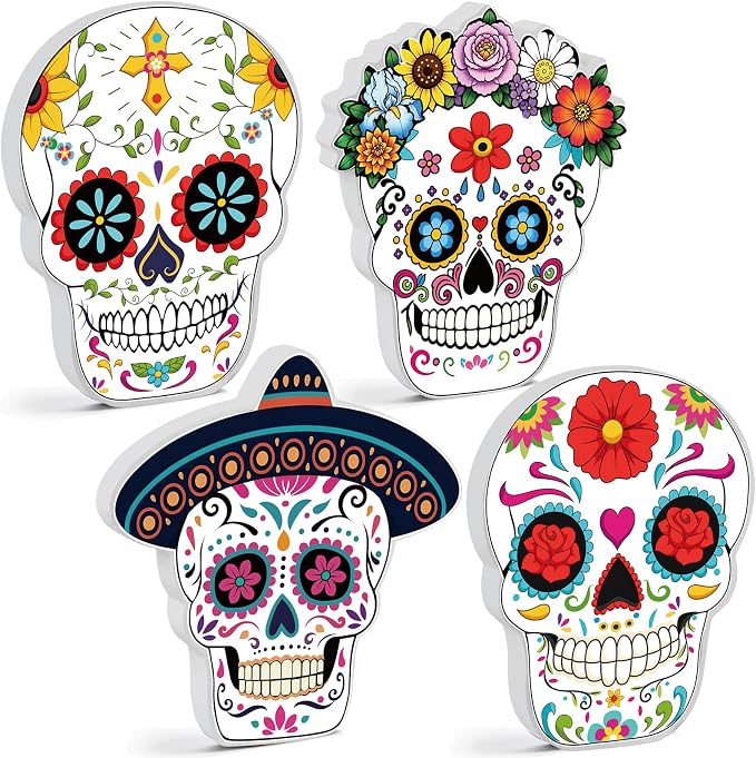 4 Pcs Day of the Dead Sugar Skull Decor Wooden Calaveras Mexicanas - skull wreath