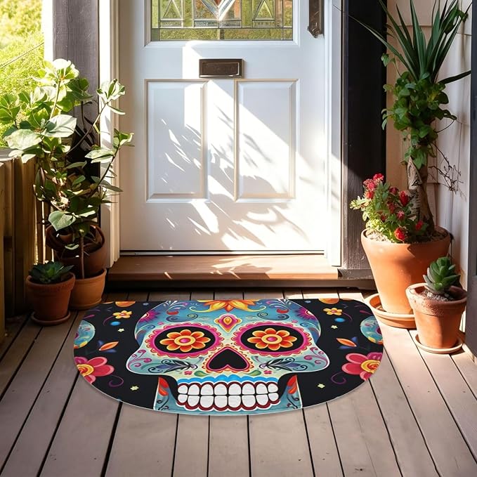Half Circle Door Mat Dirt Trapper Doormats Non Slip Washable Entrance Rugs - skull floor mat