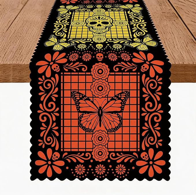 Dia de Los Muertos Table Runner Day of the Dead Monarch Butterfly Table Decoration for Holiday Party Kitchen Dining Indoor Tabletop Decor 13×60 Inch