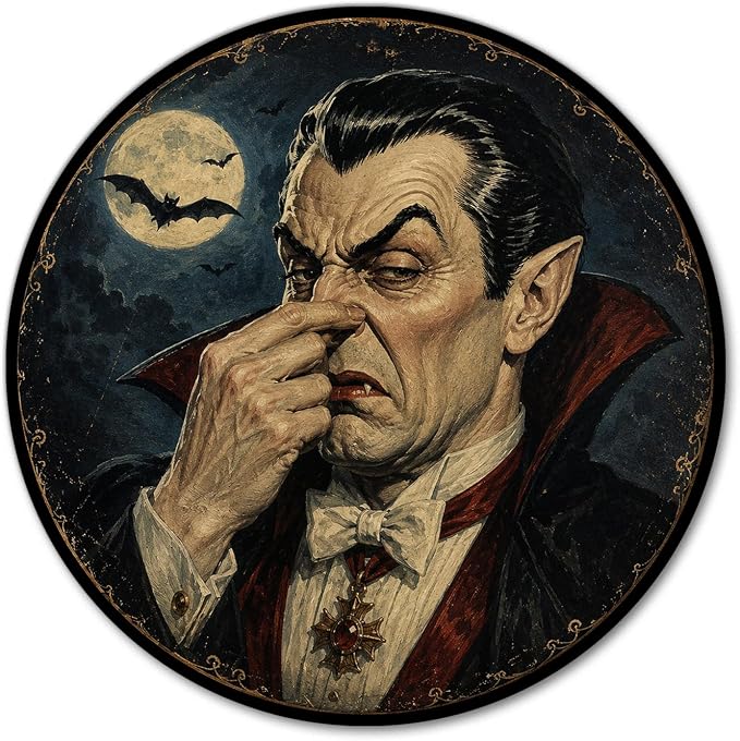 Halloween Toilet Decorations - Vampire Pinching Nose - Round Funny Wall Sign, Vintage Halloween Restroom Art for Toilet, Bathroom, and Restroom - A02 - skull toilet paper