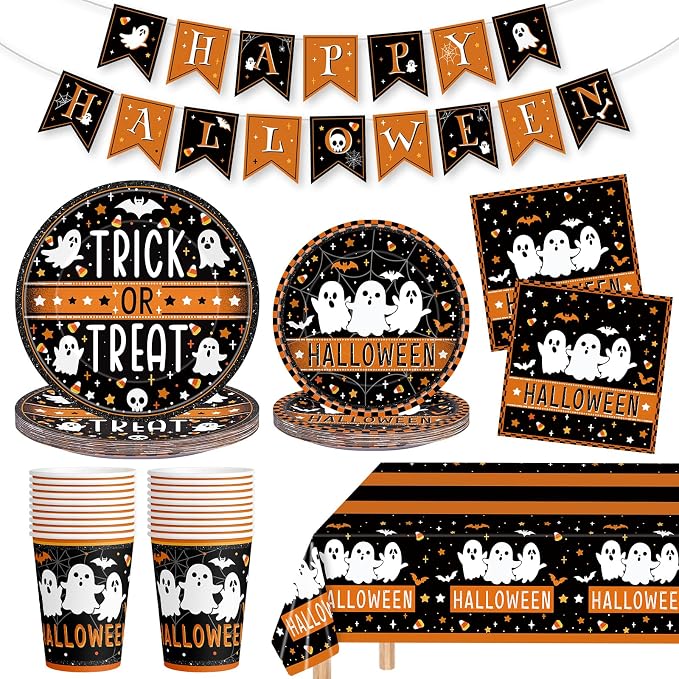 82 Pcs Halloween Plates and Napkins - Disposable Halloween Ghost Paper Plates Napkins Cups Tablecloth Banner Tableware Set for Halloween Party Decorations Supplies, Serve20 - skull plate