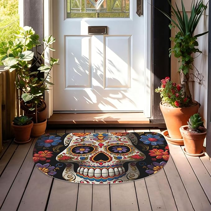 Half Circle Door Mat Dirt Trapper Doormats Non Slip Washable Entrance Rugs - skull floor mat