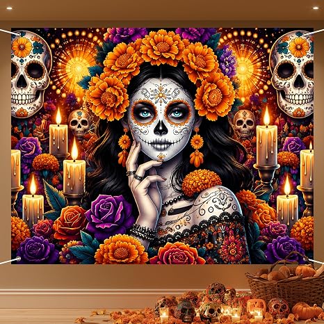 IVN Day of the Dead Backdrop Sugar Skull Flowers Banner 8x6FT Decorations - skull candle