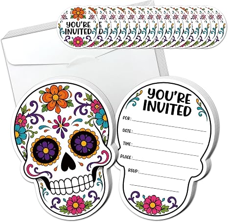 32ZEIKAEYR Sugar Skull Halloween Invitations - 15 Pack Shaped Fill-In Invitation Cards with Envelopes, Matching Stickers - Halloween Birthday Party Invites Supplies for Friends - skull sticker