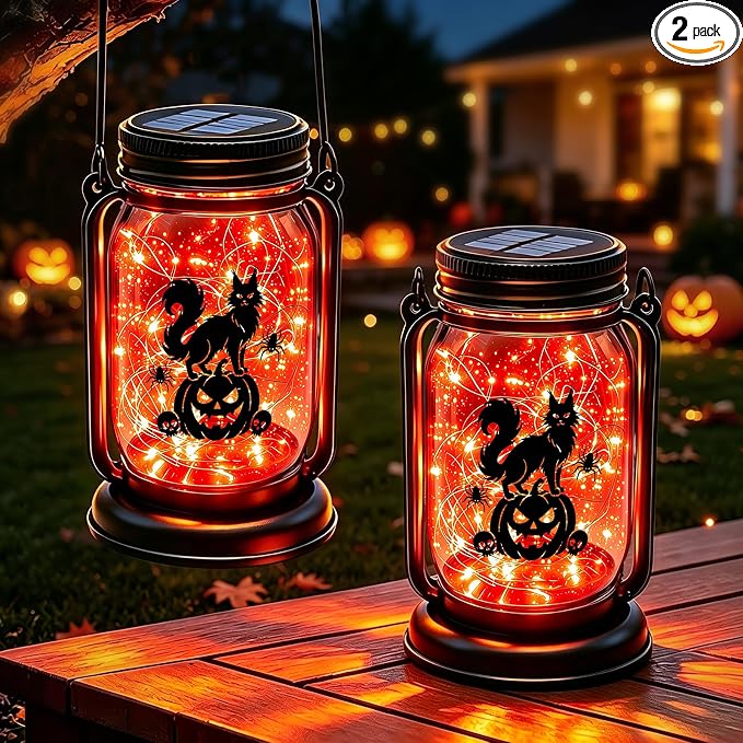Halloween Solar Lanterns-Cat&Pumpkin Decor Orange Hanging Mason Jar Lights