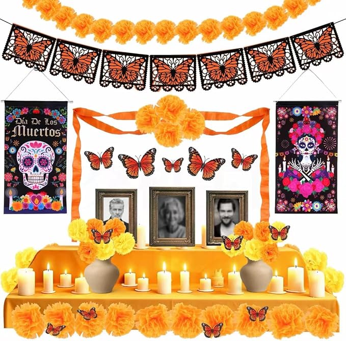 61PCS Dia de los Muertos Decorations Kit, Day of the Dead Altar Decorations - skull figurine