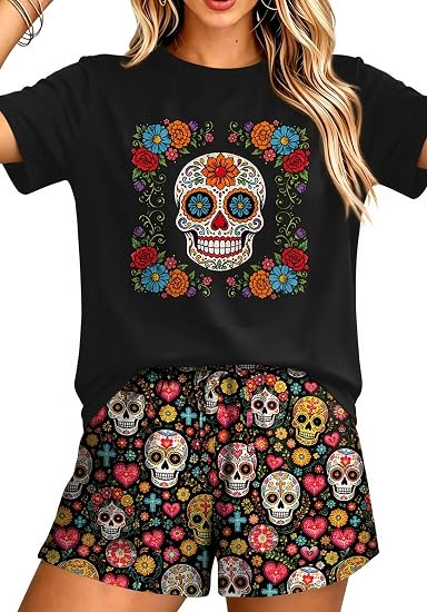 Halloween Sets for Women 2 Pieces Day of the Dead Shirt and Short Outfits - sugar skull makeup