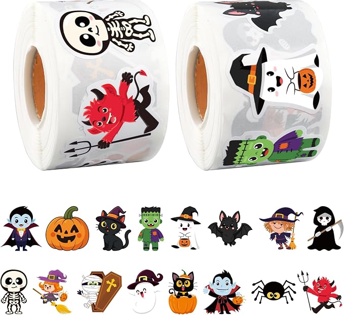 1000 Pcs Halloween Stickers Roll 1.5 Inch Cute Pumpkin Ghost Witch Bat Decal Sticker 16 Designs Waterproof Self-Adhesive Seal Label Stickers for Halloween Envelope Gift Scrapbook Party Decor - skull sticker