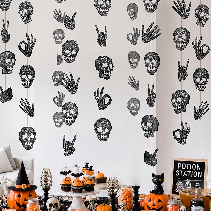 Cheerland Black Glitter Skull Garland Skull Halloween Party Decorations Skeleton Banner Gothic Photo Backdrop Spooky Skeleton Birthday Party Decoration Hanging Haunted House Wall Decor Supplies 6 Pcs - skull sticker
