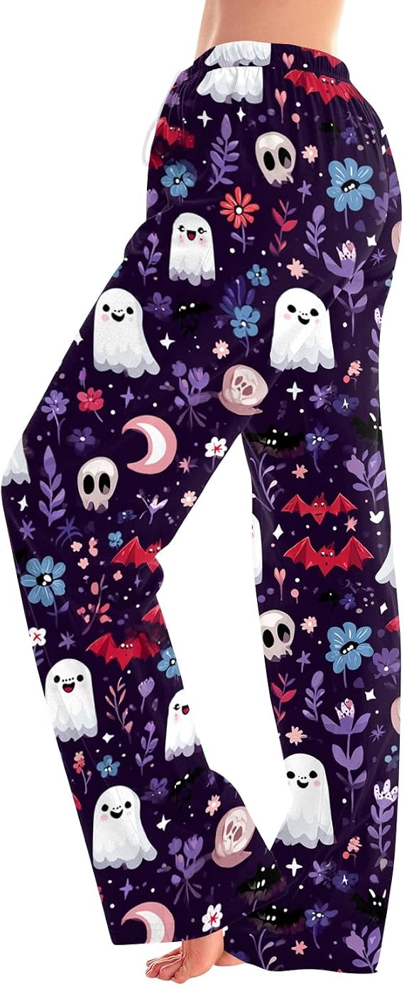 Halloween Pajamas Women Pants Spooky Bat Spider Sleep Pants Drawstring Elastic Waist Wide Leg Long Pajama Bottoms - skull pajamas