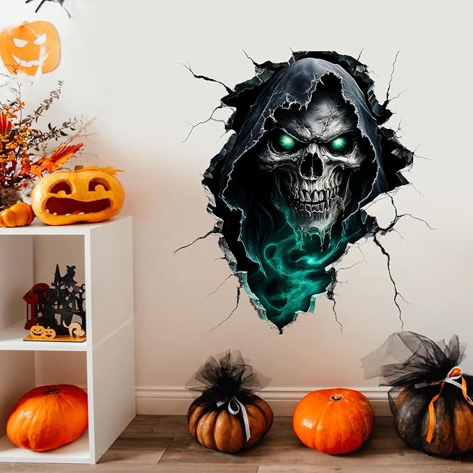 ANNA QUEEN Grim Reaper Skull Wall Decals Peel and Stick Halloween Wall Stickers, Dark Horror Removable Vinyl Wall Decor, Scary Skeleton Wall Art for Haunted House Bedroom Living Room Party Decorations - skull wall art