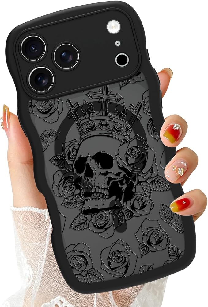 Magnetic for iPhone 17 Pro Max Case Curly Wave Edge Black Skull Folwer - Skull phone case