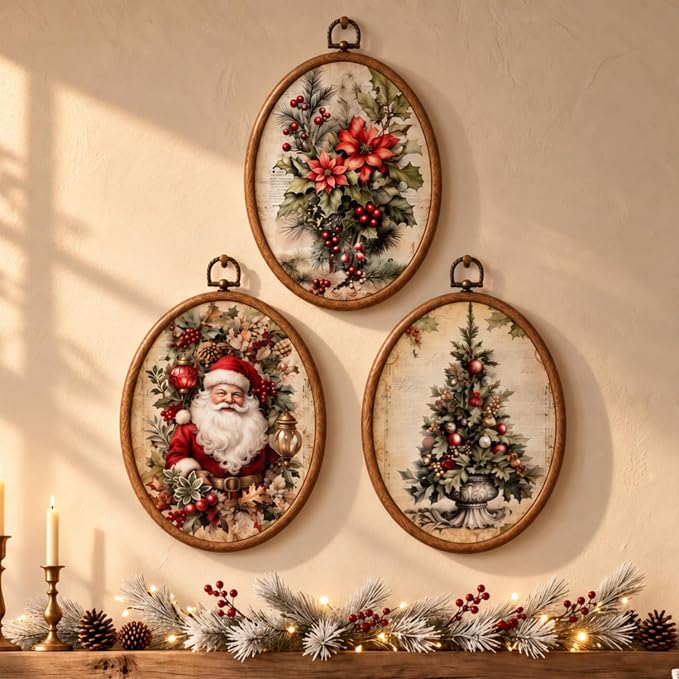 Pinkunn 3 Pcs Vintage Oval Framed Christmas Wall Art, 8x10 Decor, Retro - skull wall art