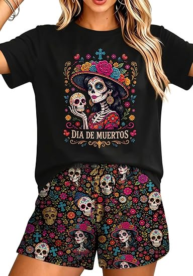 Halloween Sets for Women 2 Pieces Day of the Dead Shirt and Short Outfits - sugar skull costume