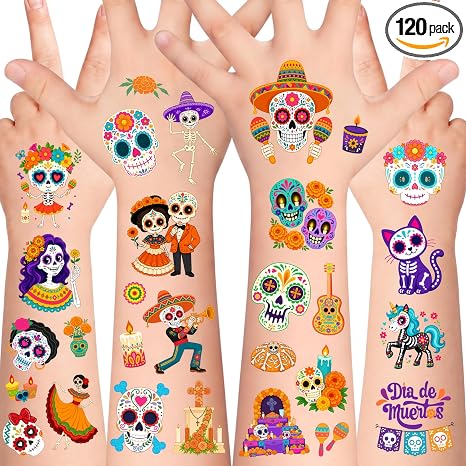 120+ PCS Day Of The Dead Temporary Tattoos, Dia De Los Muertos Favors - sugar skull makeup