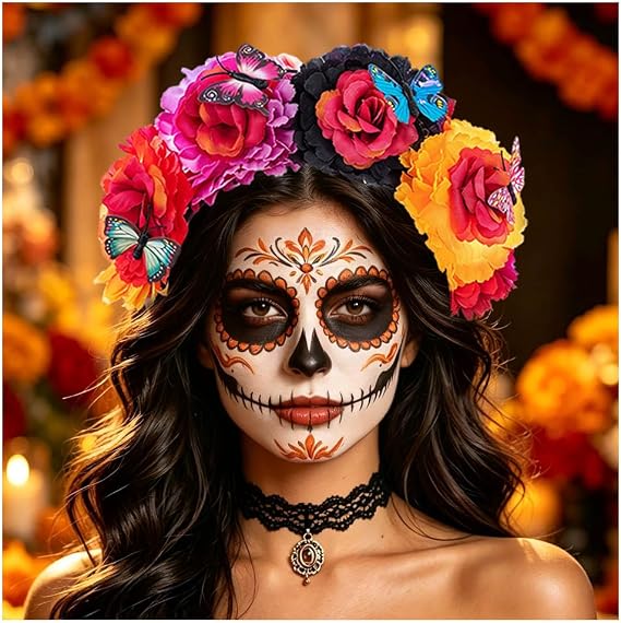 Flower Headband Day of the Dead Hairband Mexican Floral Headpiece Halloween Cosplay Costume Accessory - skull headband