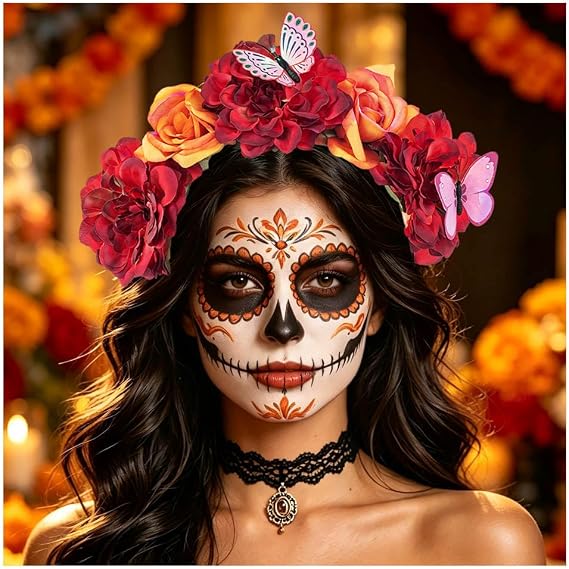 Flower Headband Day of the Dead Hairband Mexican Floral Headpiece Halloween Cosplay Costume Accessory - skull headband
