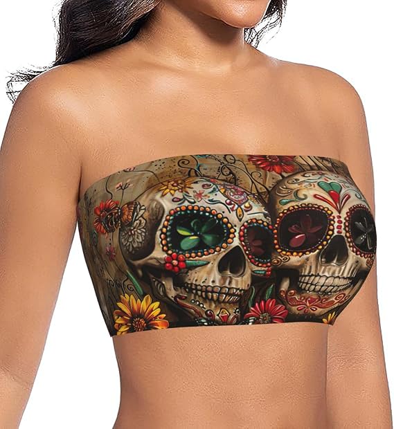 Women's Sugar Skulls Butterfly Print Strapless Blouse Tube Top - skull tank tops