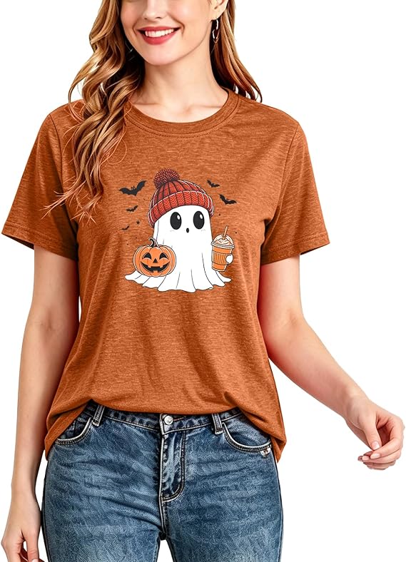 Funny Halloween Graphic Tee Women Ghost Skeleton Shirt - skull leggings