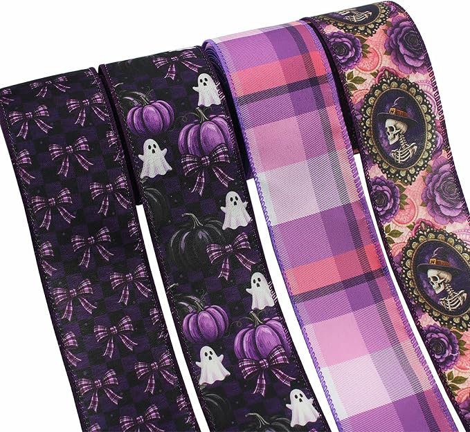 4Roll Halloween Wired Edge Ribbon Purple Ghost Pumpkin Skulls Ribbon