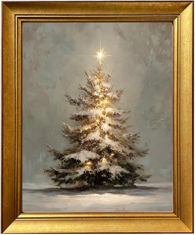 Vintage Gold Framed Christmas Tree Canvas Wall Art Neutral Winter Print - skull painting