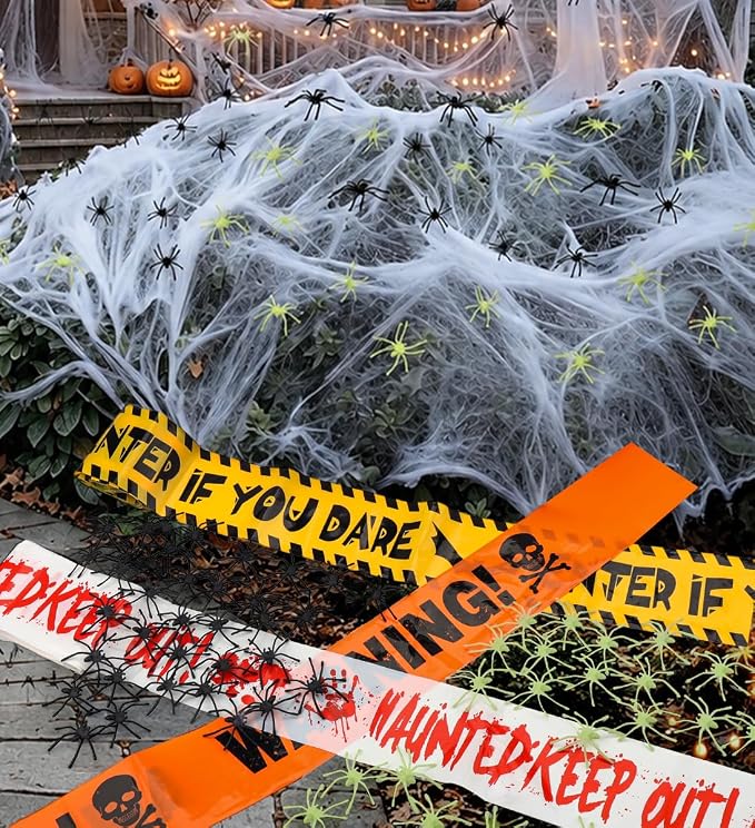 Halloween Decorations 1200 Sq Ft Spider Web 3 Caution Tape 50 Fake Spiders - skull sticker