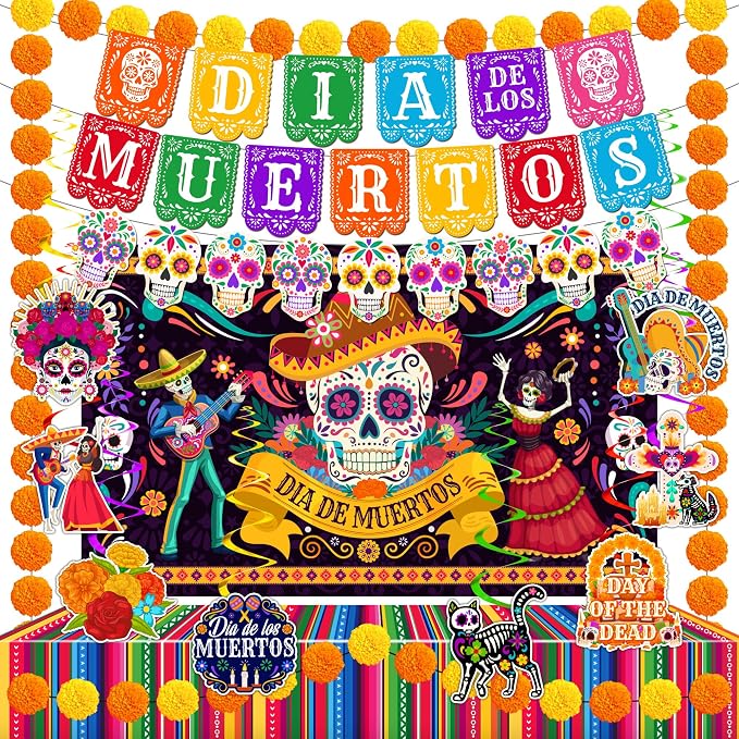 Dia De Los Muertos Decorations Set Banner Backdrop Tablecloth Hanging Swirl - skull carpet