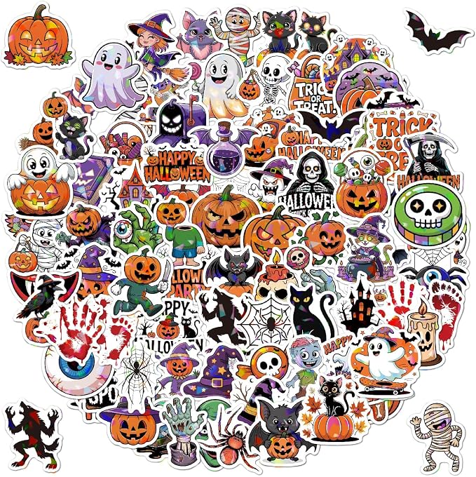 Halloween Stickers for Kids, 100 Holographic Decals, Style A - skull sticker