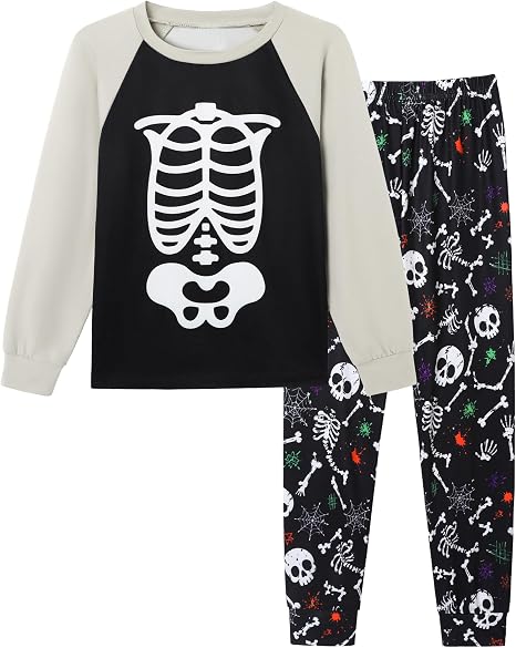 CARETOO Boys Pajama Set Halloween 2PC Kids Loungewear Cute Pattern Long Sleeve Long Pants Boy Pj Sets 4-12 Years - skull pajamas