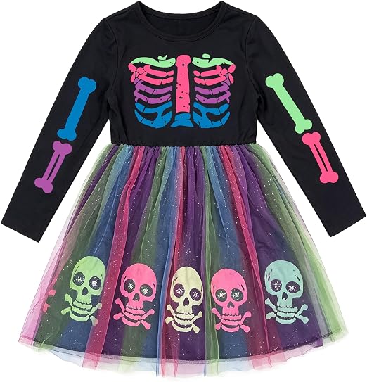 Girls Halloween Skeleton Dress for Kids Ghost Skull Long Sleeve Dress - sugar skull costume