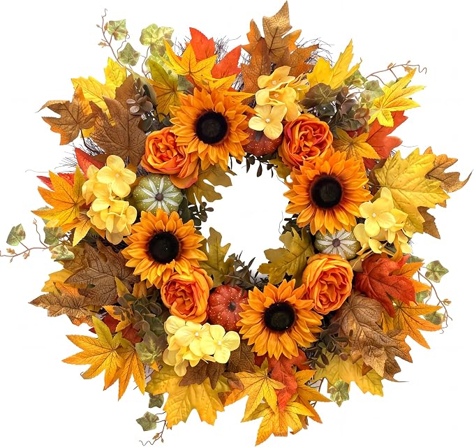 Garvee 28" Fall Wreaths for Front Door, Autumn Wreath with Sunflower & Rose - skull wreath