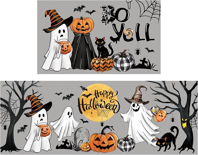 Halloween Ghost Pumpkin Kitchen Mat Set of 2 for Floor Standing - skull floor mat