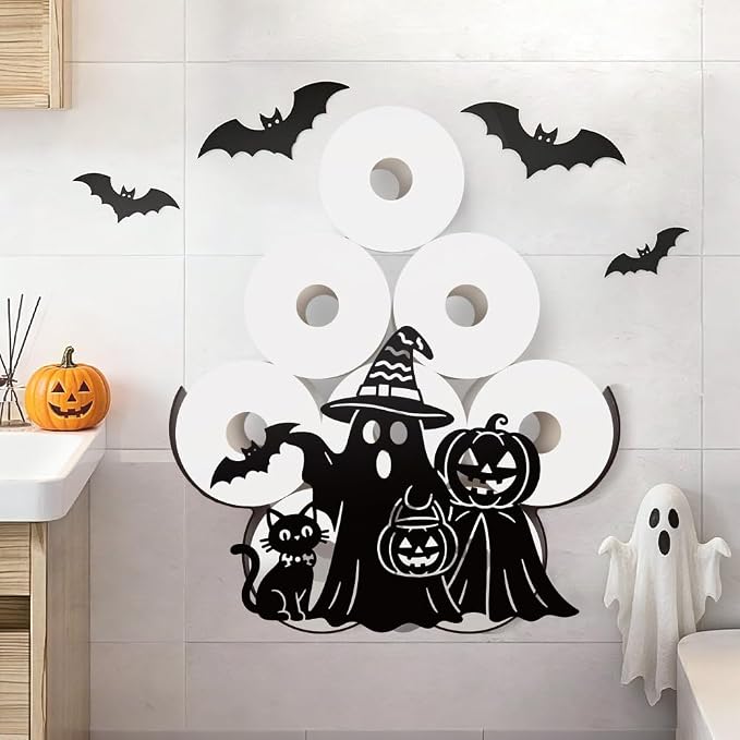 WADORN Halloween Ghost Pumpkins Metal Toilet Paper Holder for Extra 8 Rolls, Black Toilet Tissue Storage Decorative Toilets Paper Rolls Organizer Wall Mounted for Bathrooms Home Housewarming Gifts - skull toilet paper
