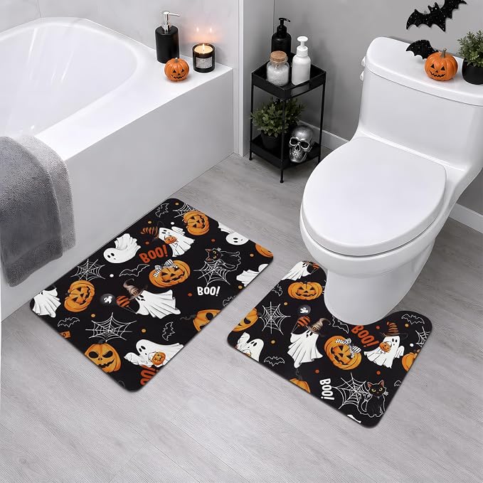 Halloween Pumpkin Bathroom Rug Set 2 Piece with Rubber Backing - skull toilet mat