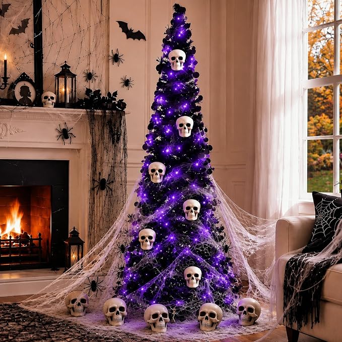 9 Pcs Halloween Tree Decor 5ft, Timer Lights, Skull Spider Web Black Tinsel - string light