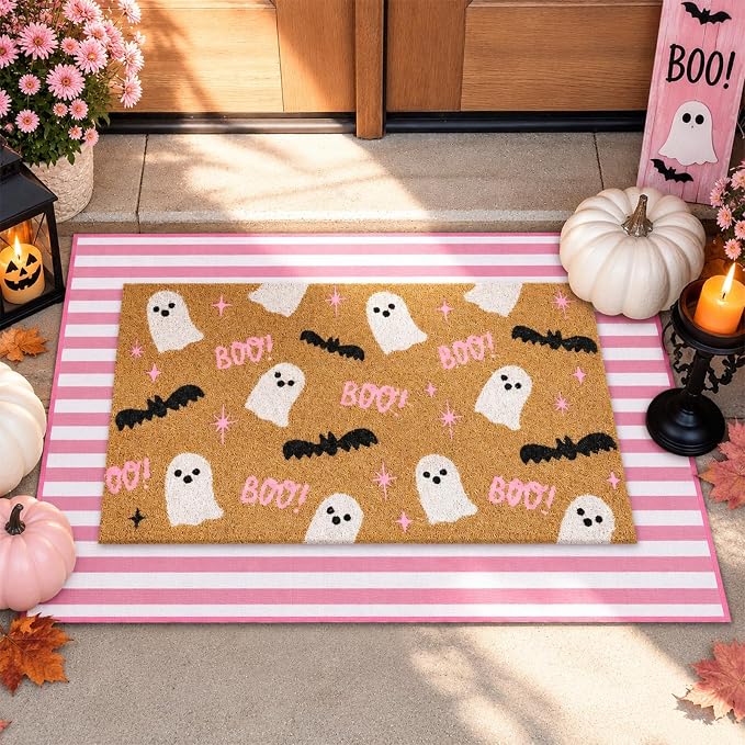 Whaline 2 Pcs Halloween Doormat Set Coir Floor Mat, Pink Ghost Bat Boo