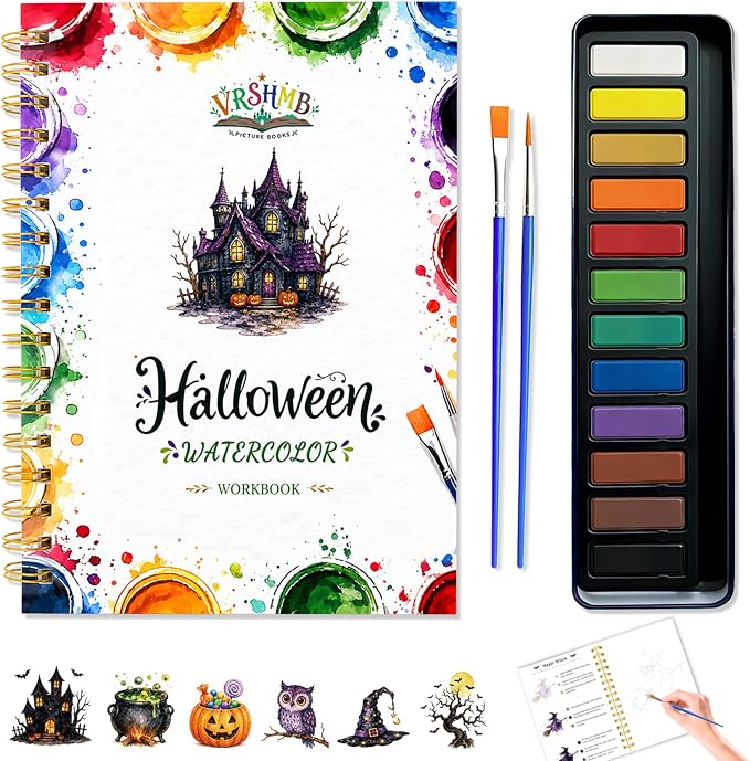 Halloween Watercolor Workbook Set for Adults, Complete with Watercolor Paints, Coloring Book, Beginning Watercolor Book, Great Gift for Adults and Teens.(Halloween, 15Patterns,12Color) - skull painting