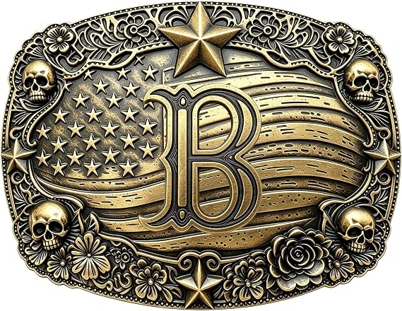 Initial Letter Western Cowboy Belt Buckle US Flag Skull, Bronze - skull wallet