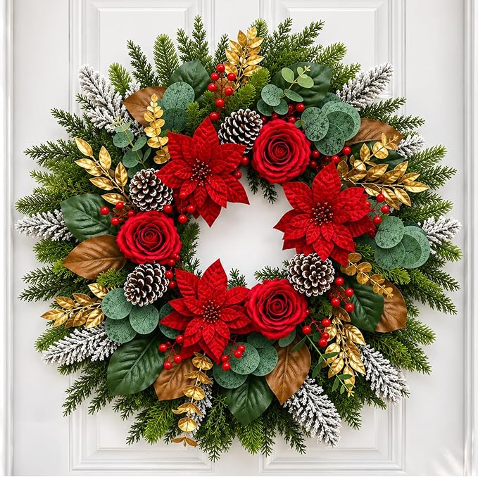 28 Inch Christmas Wreath for Front Door, Red Poinsettia Rose Holiday Wreath